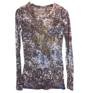 Women Y2K Shirt Large Long Sleeve Fleur de Lis V Neck Embellished Grunge Tee 90s